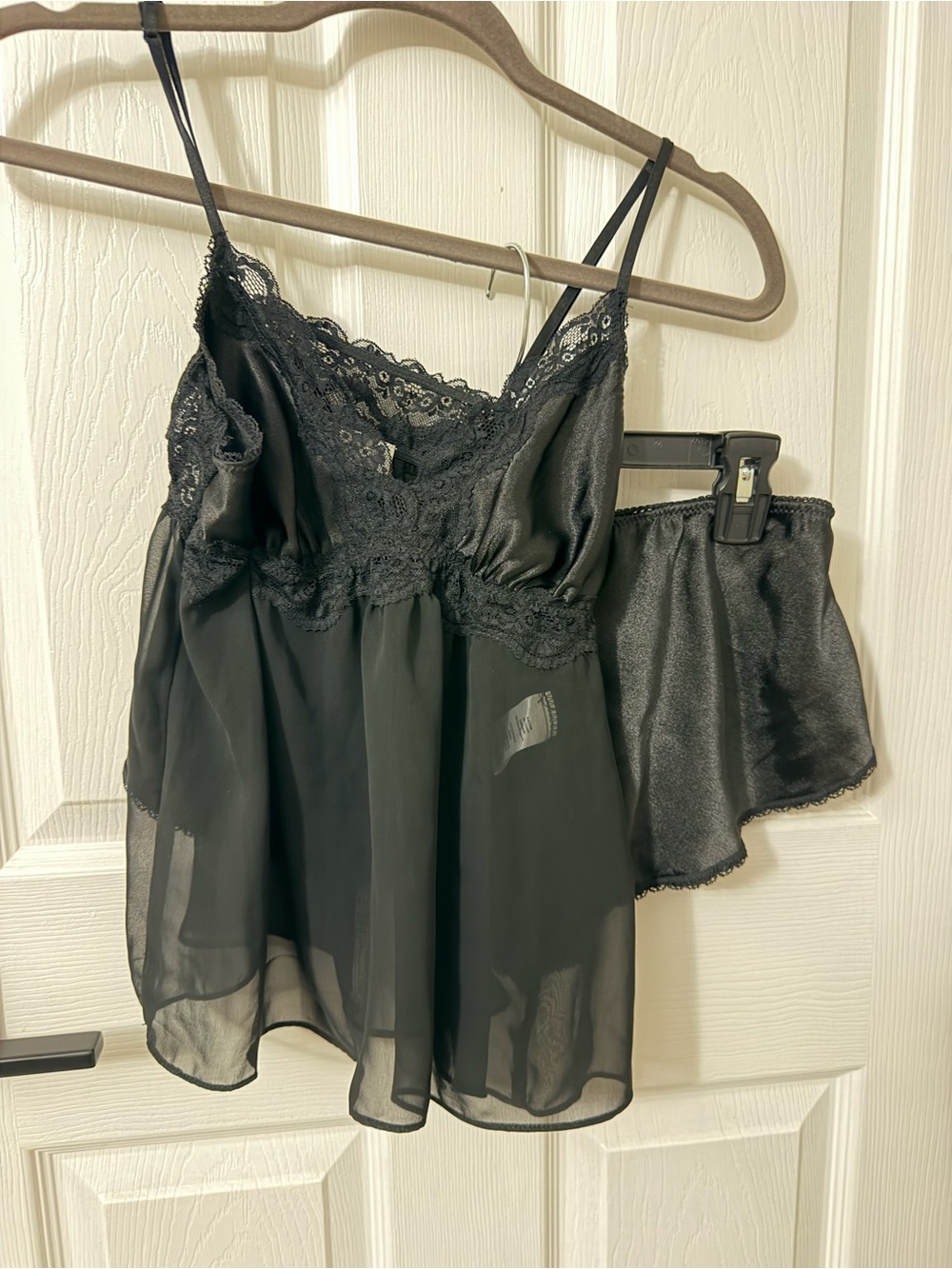 Sheer Lace-Trim Black Satin Camisole & Shorts Sleep Set